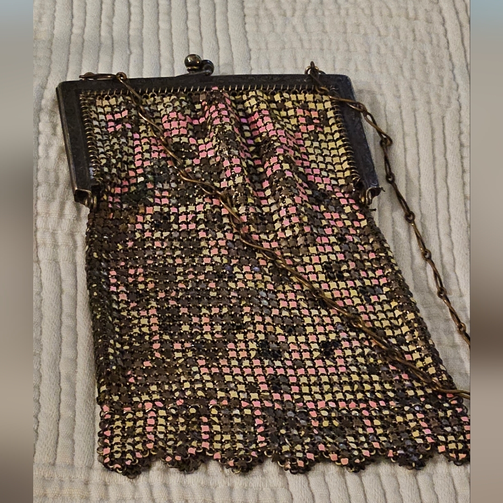 Whiting and Davis Art Deco Pink Green Blue Enameled Mesh Metal Flapper Purse
